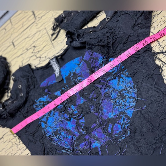 VTG Lip Service Bio Threat Distressed Long Sleeve Top Shirt Goth 90s Y2K buckles - Picture 11 of 16